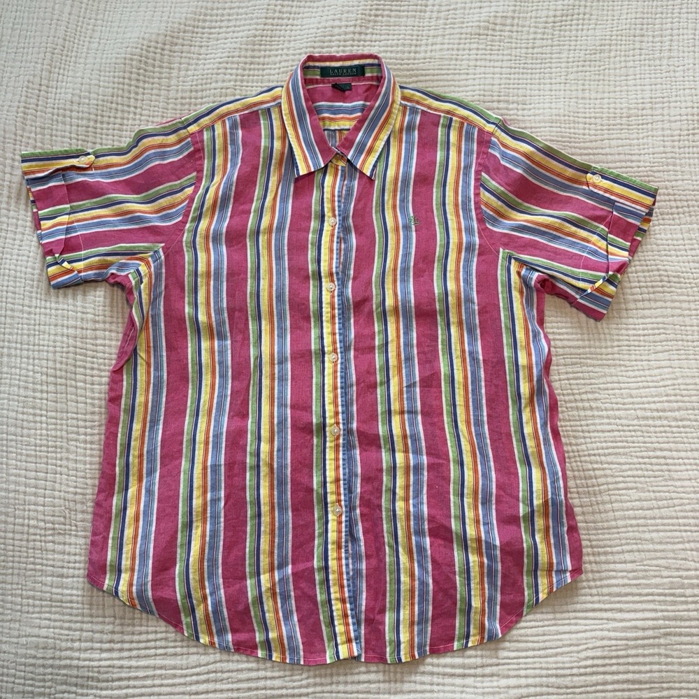 Lauren Ralph Lauren Pink Linen Short Sleeve Button Down Shirt Women's Size Large